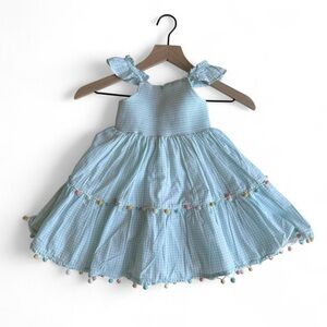 Tahari Girls Blue Gingham Dress Size 4 Pom Pom Trim Babydoll